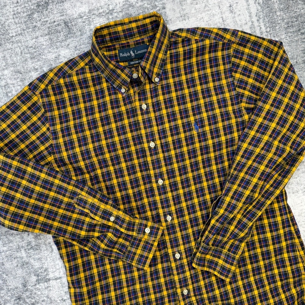 Vintage Polo Ralph Lauren Shirt Men Medium Yellow Black Tartan Plaid Pony Custom